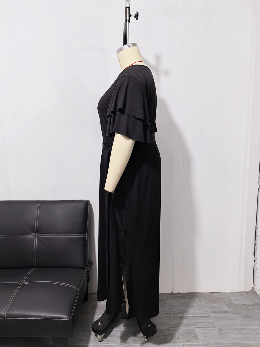 Plus Size Women Long Sleeve Solid Slit Sexy Dress 5