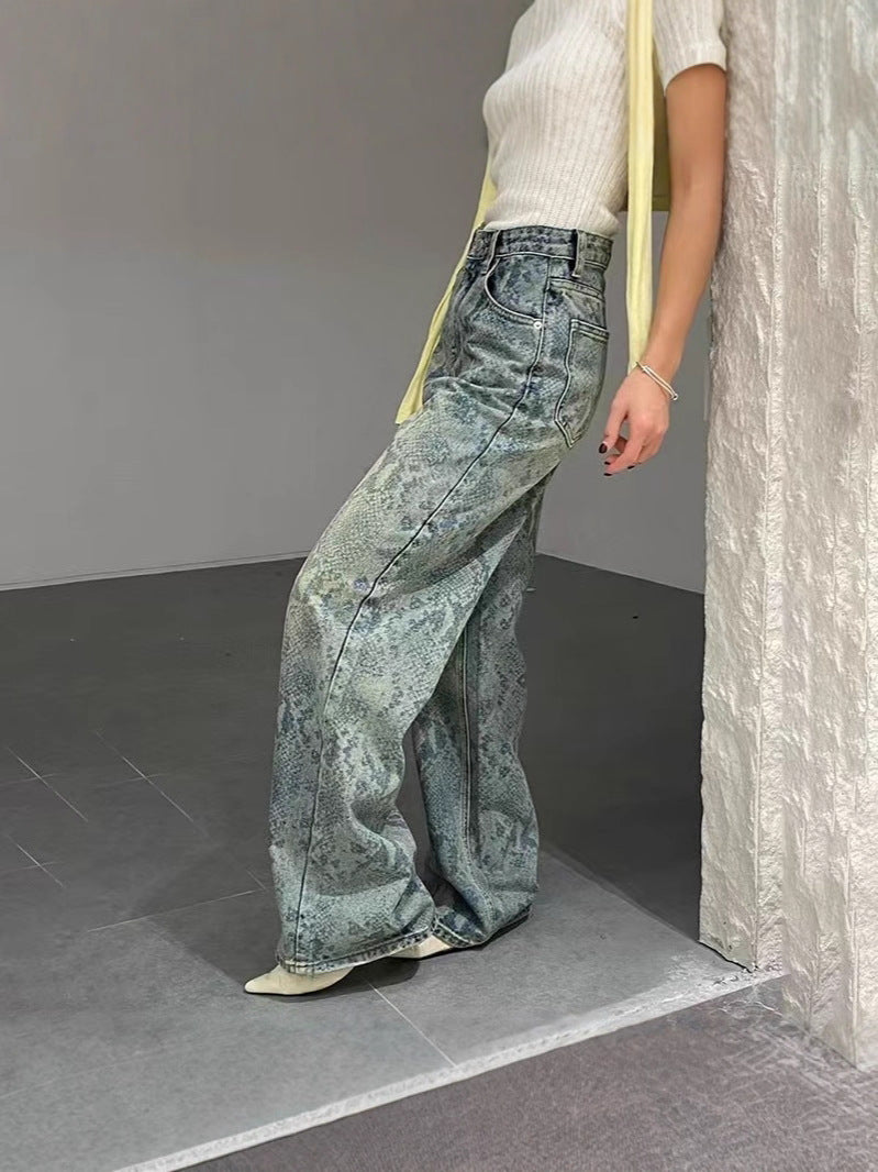 Women casual snake print denim Pant 3