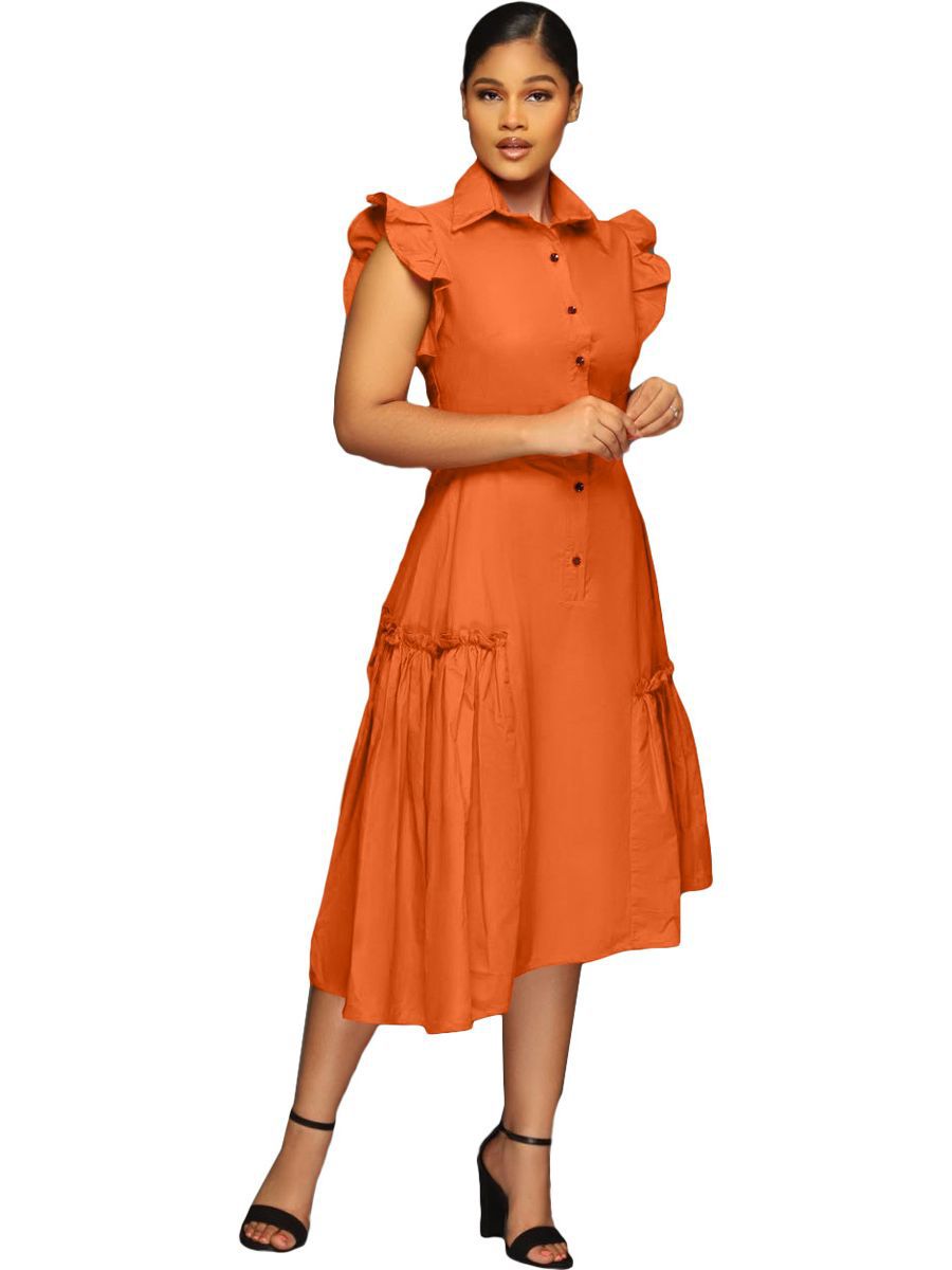 Trendy Shirt Collar Irregular Ruffle Edge Swing Dress 8