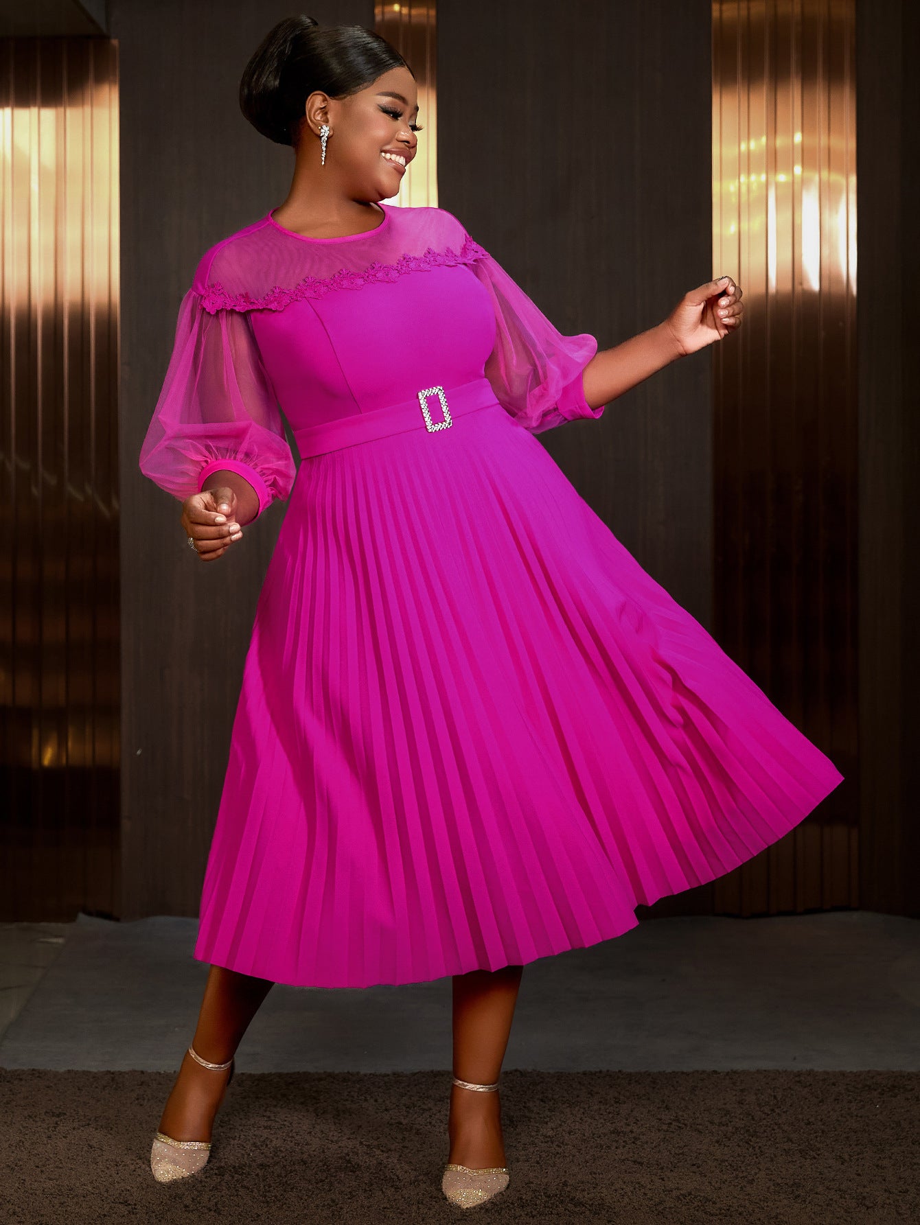 Plus Size Mesh Patchwork Lantern Formal Party Dress Career A-Line Pleated Dress 3