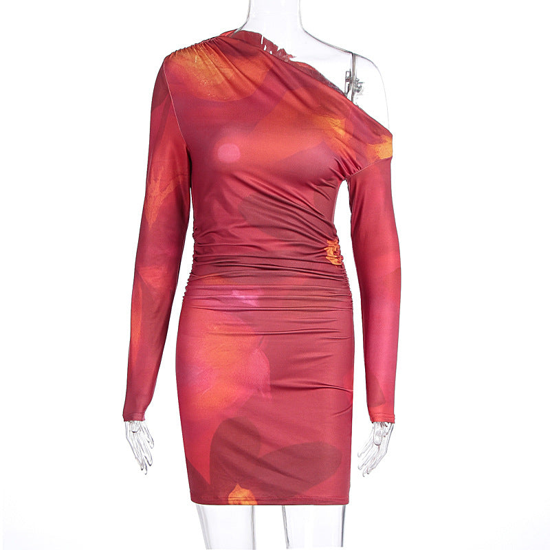 Women's Fall Winter Fashion Printed Slash Shoulder Long Sleeve Slim Bodycon Dress 8