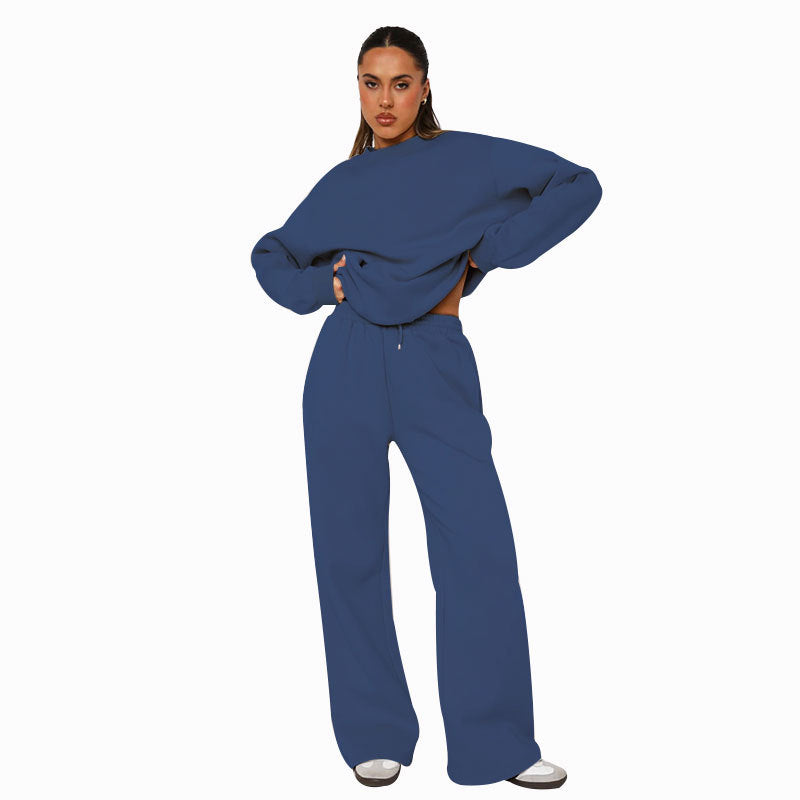 Women Solid long-sleeved Round Neck Top and wide-leg pants Two Piece Set 8