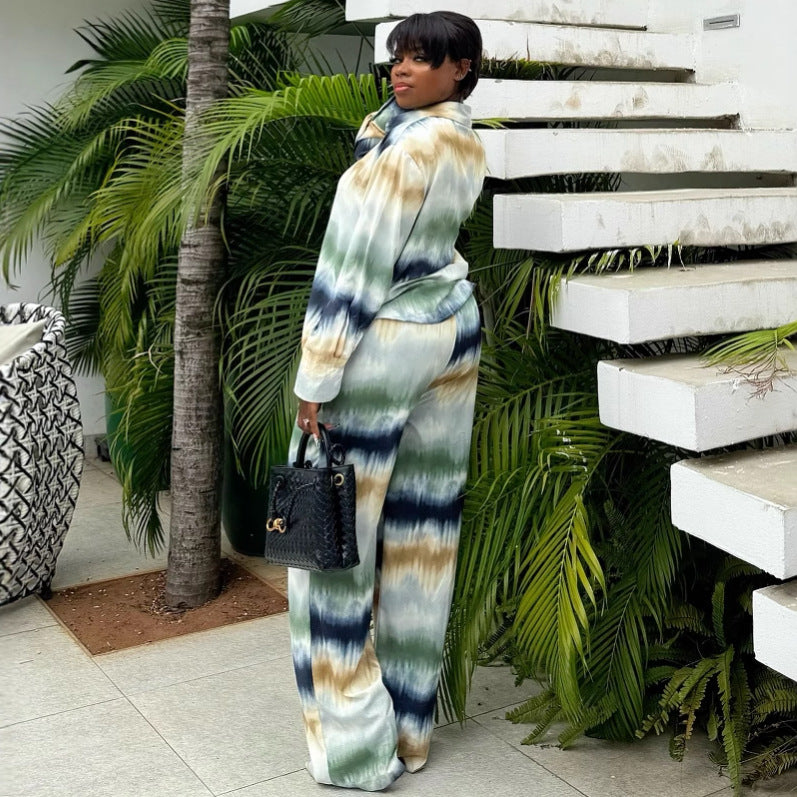 Plus Size Women Casual Printed Long Sleeve Shirt Pants Two-piece Set 3