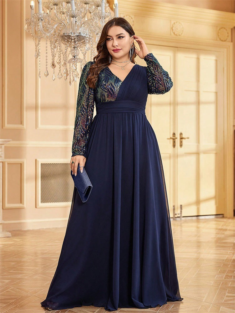 Plus Size Women sequin patchwork formal party fishtail maxi long sleeve evening dress 3
