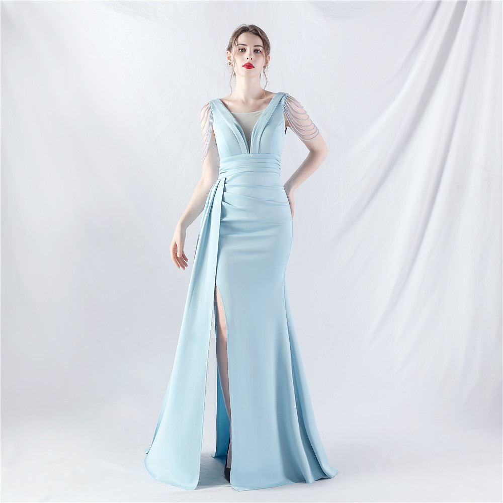 Women Satin Pleated Beaded Evening Dress 6