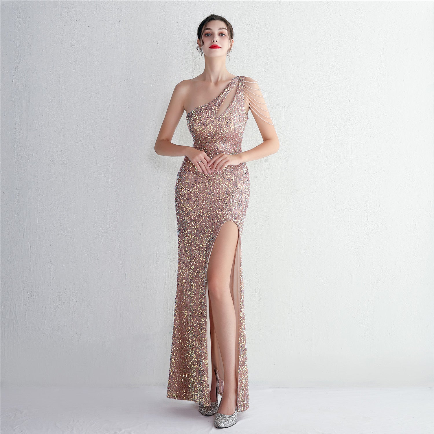 Elegant Beading One-Shoulder Slim-Fit Fishtail Wedding Party Evening Dress 8