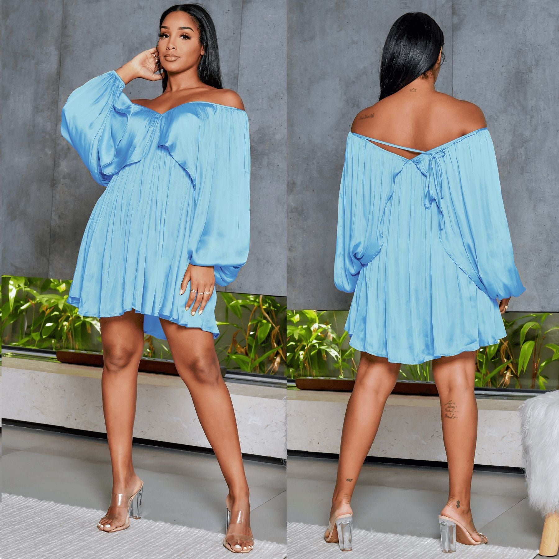 Women's Spring Summer Chic Off Shoulder Sexy Solid Color Color Bat Sleeves Dress 10