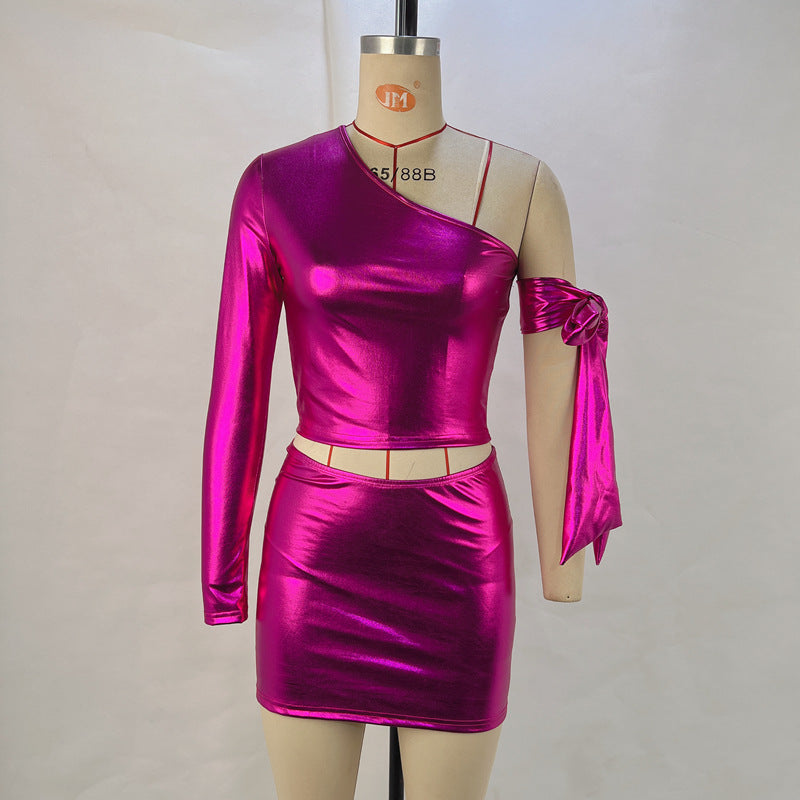 Women's Fashion Shiny Sexy One Shoulder Top Stretch Bodycon Skirt Two Piece Set 10