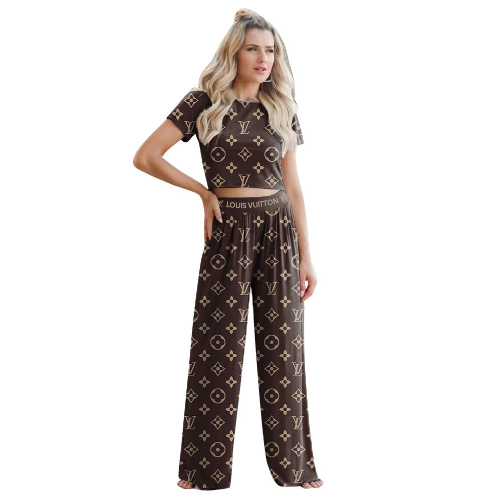 Women's Summer Sexy Short Sleeve Wide Leg Two-Piece Pants Set 29