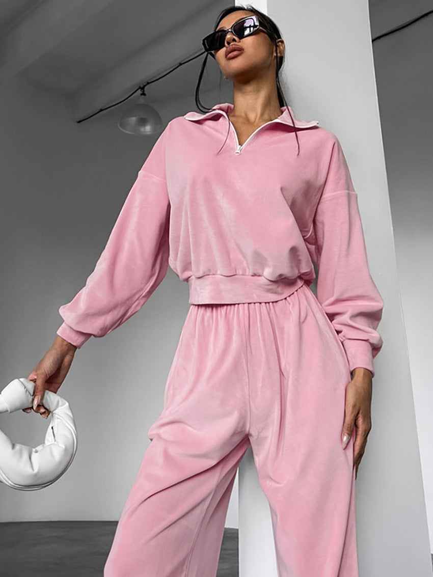 Pink Fashion Sports Suit Autumn Winter Zipper Turndown Collar Two-Piece Women Pants Set 5