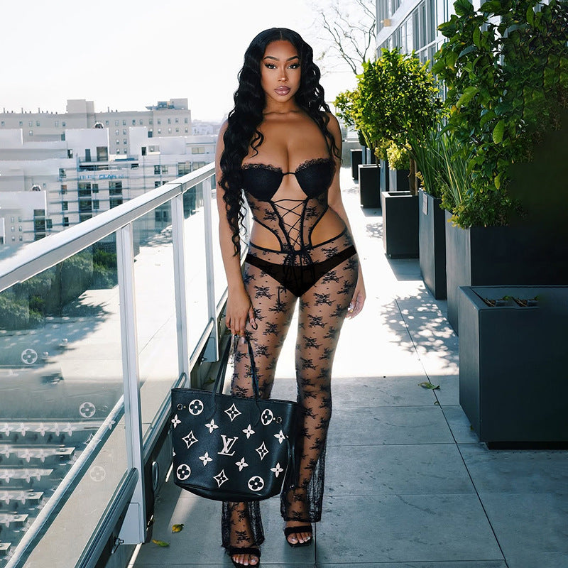 Women's Spring/Summer Lace Halter Neck Lace-Up Strapless Hollow Jumpsuit with Padding 6