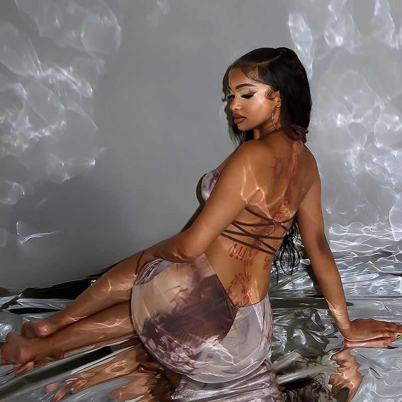 Women's Fashion Print Sexy Halter Lace-Up Low Back Bodycon Short Dress