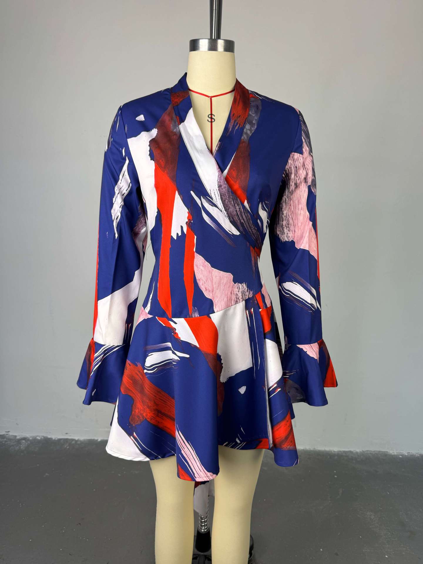 Floral V-Neck Lace-Up Bell Sleeve A-line Dress