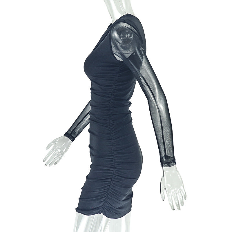 Solid Color Women's Slim Slash Shoulder Long-Sleeve Short Bodycon Dress 7