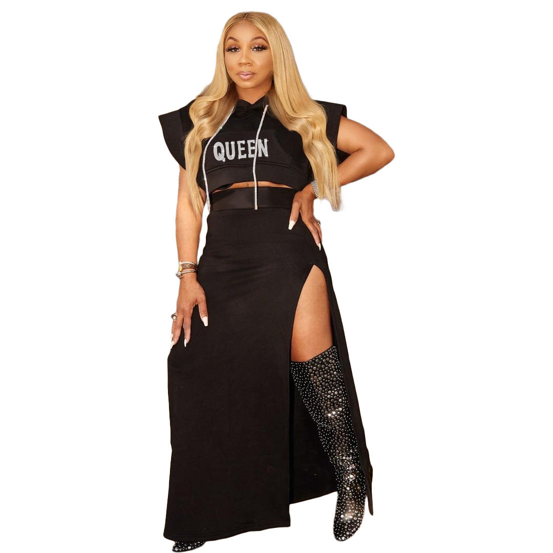 Plus Size Casual Women'S Beaded Short Sleeve Hoodies Slit Maxi Skirt Two-Piece Set 6