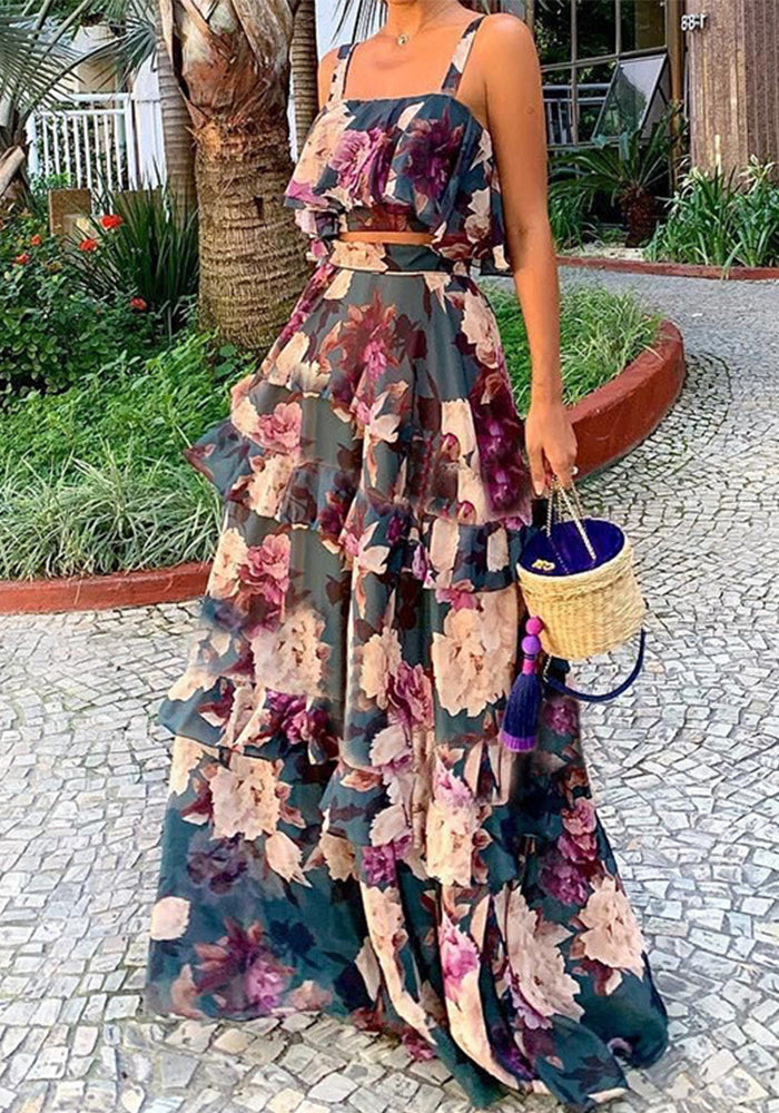 Women Beach Edge Holidays Printed Suspender Top Cascading Ruffles Skirt Two-Piece Set