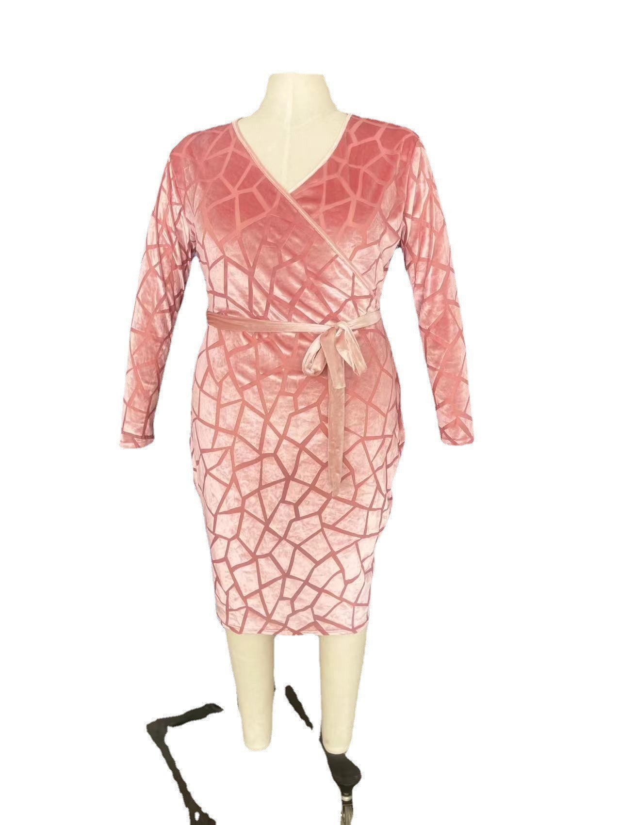 Women's Flocked Long Sleeve V-Neck Nightclub Dress 11