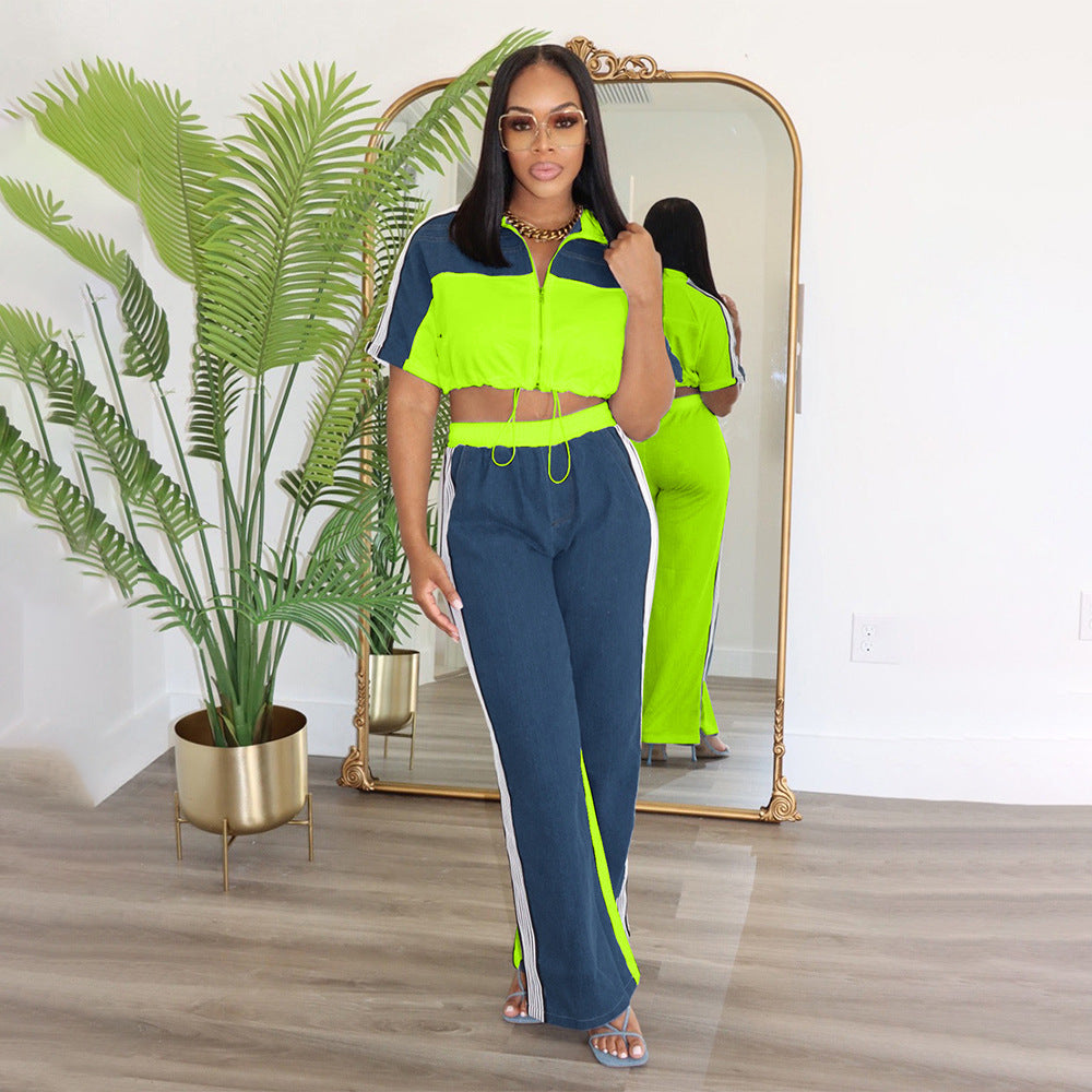 Women Color Blocking Contrast Sports Casual Top + Wide Leg Pants Two-piece Set 14