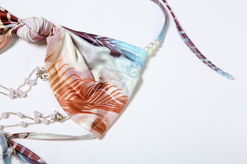 Women's Spring Halter Neck Tie Beaded Chain Slim Low Back Sexy Dress 48