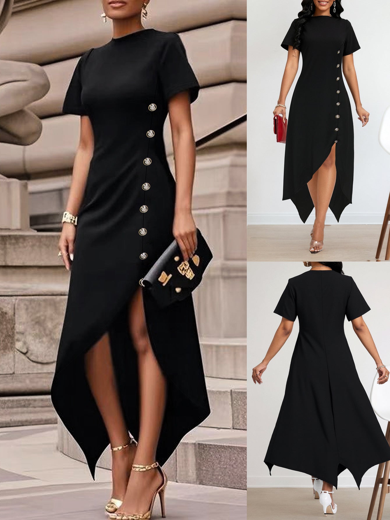 Women Elegant Irregular Side Button Dress 3