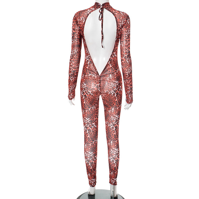 Women Leopard Print Mesh Half High Neck Large Backless Long Sleeve Jumpsuit 7