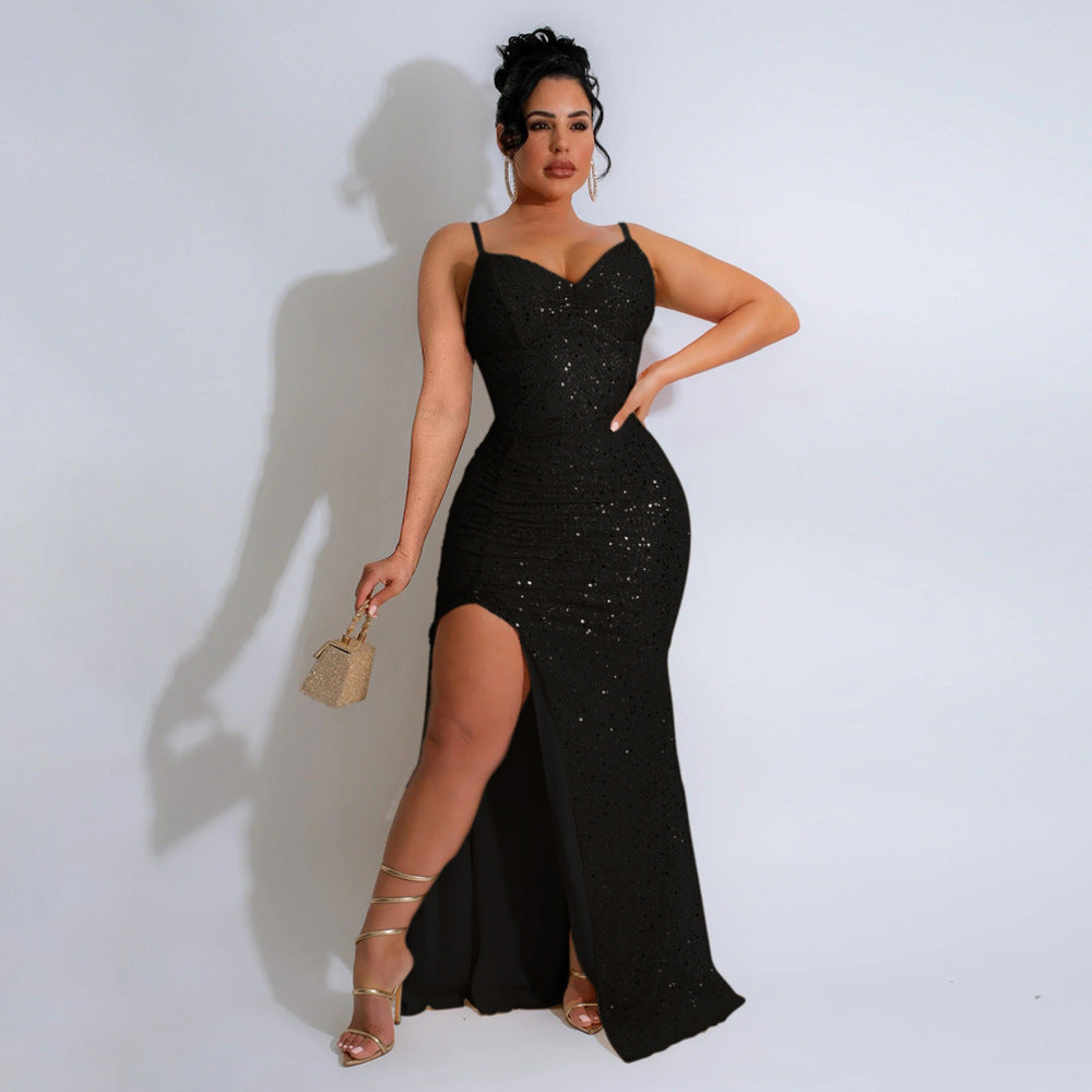 Women Sequined Strap Formal Party Sexy Ball Dress