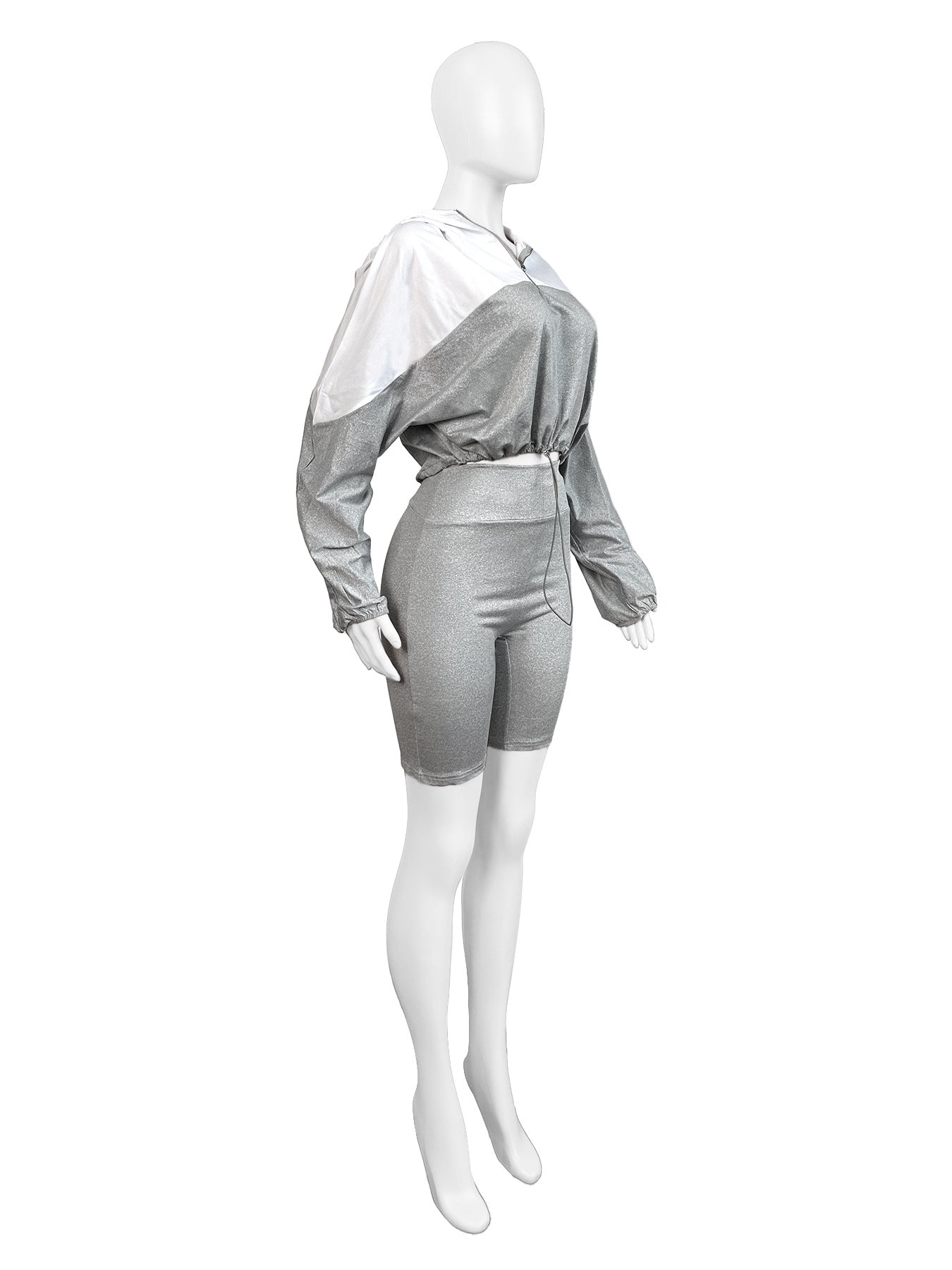 Women's Elastic Slim Waist Contrast Long Sleeve Sports Casual Two Piece Shorts Set 10