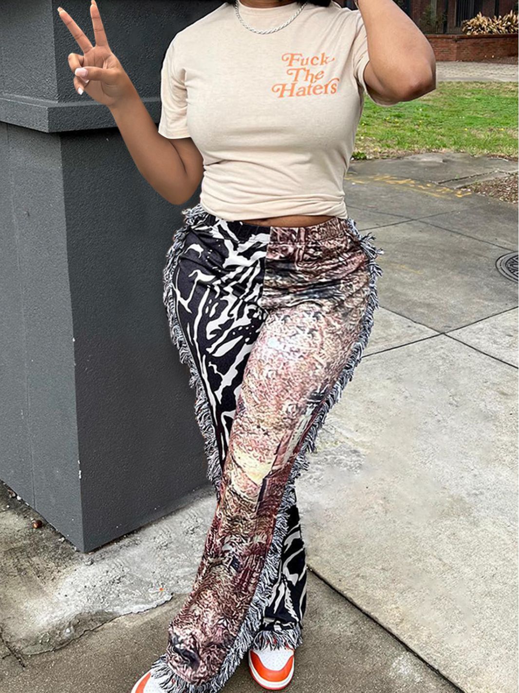 Autumn Casual Fashion Multi-Color Pattern Tassel Velvet Pants + T-Shirt Set For Women 6