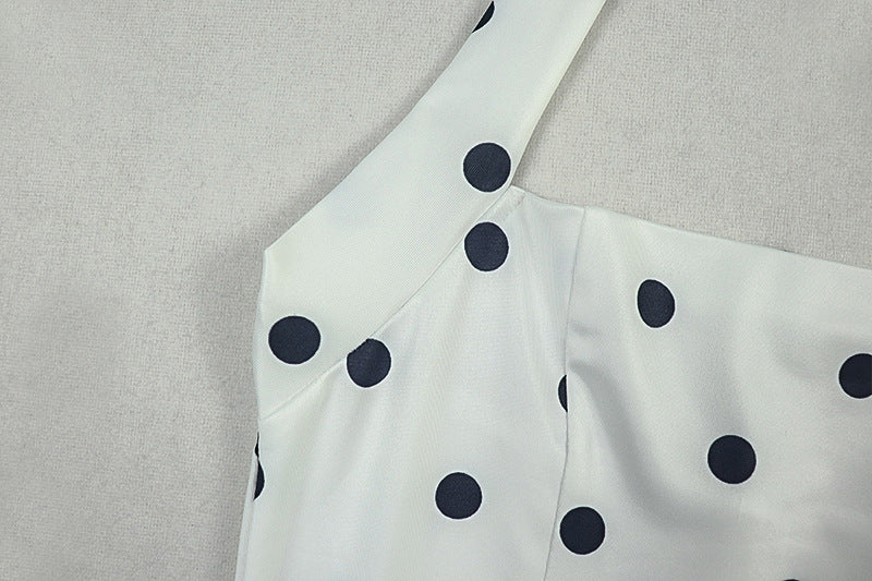 Women Black and White Polka Dot Pleated Halter Neck Sleeveless Dress 11