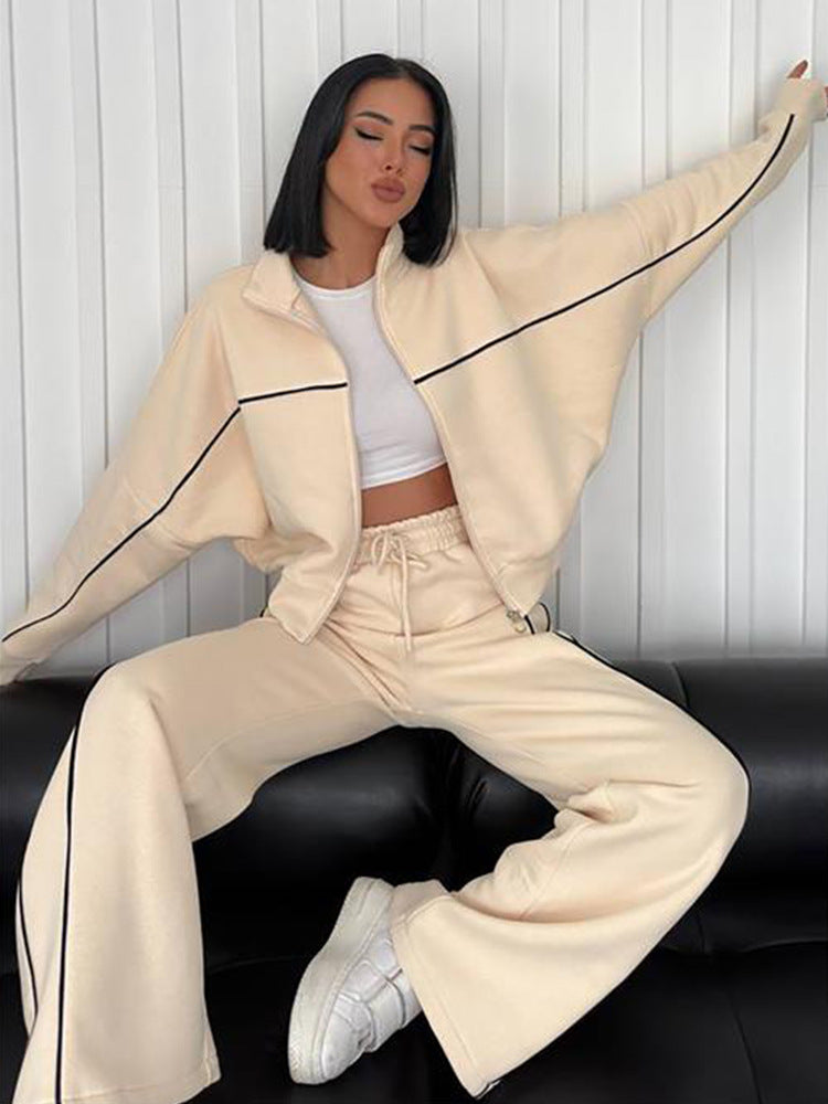 Casual Tracksuit Long Sleeve Turtleneck Zipper Long Sleeve Sports Top Striped Trousers 3