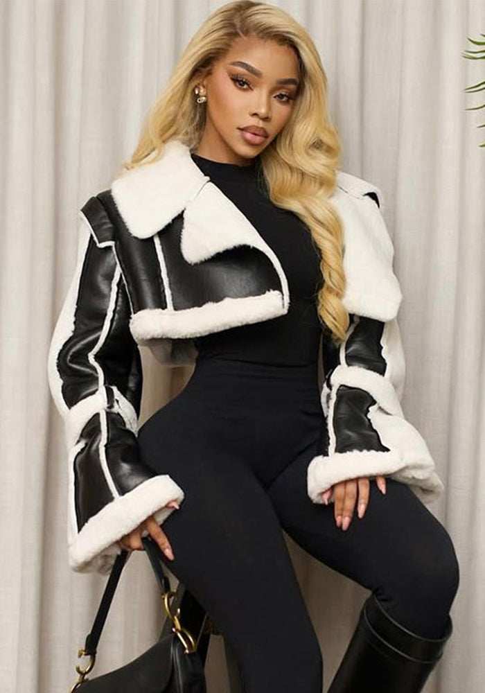 Autumn High Street PU Leather Patchwork Fur Collar Cropped Jacket 6