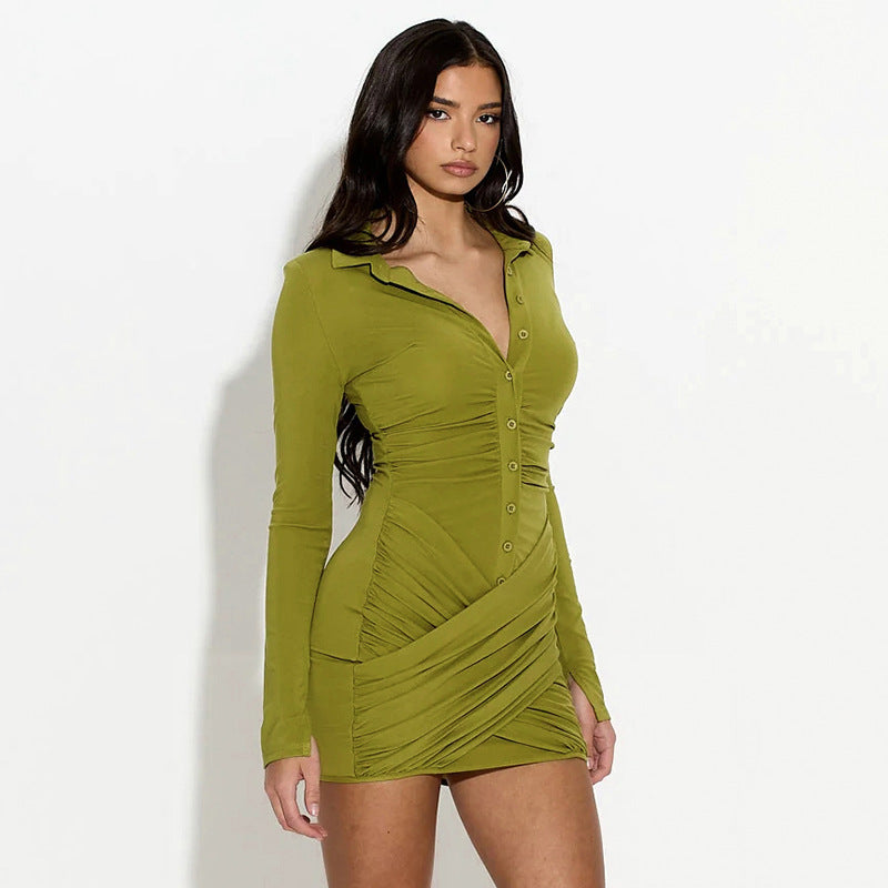 Women's Turn-Down Collar Button Long Sleeve Bodycon Short Dress 10