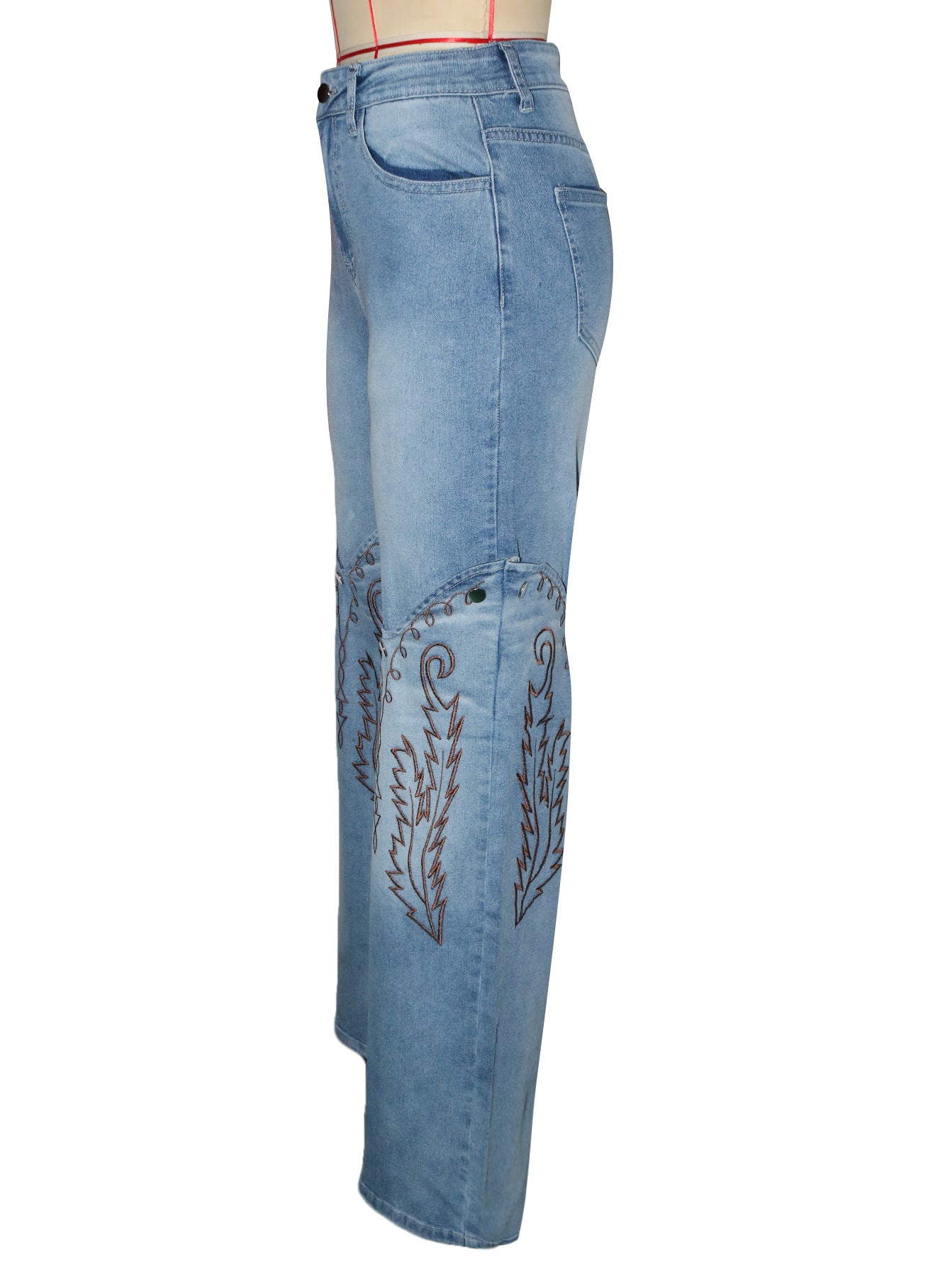 Women's Fashion Embroidered Blue High-Waisted Wide-Leg Denim Pants 9