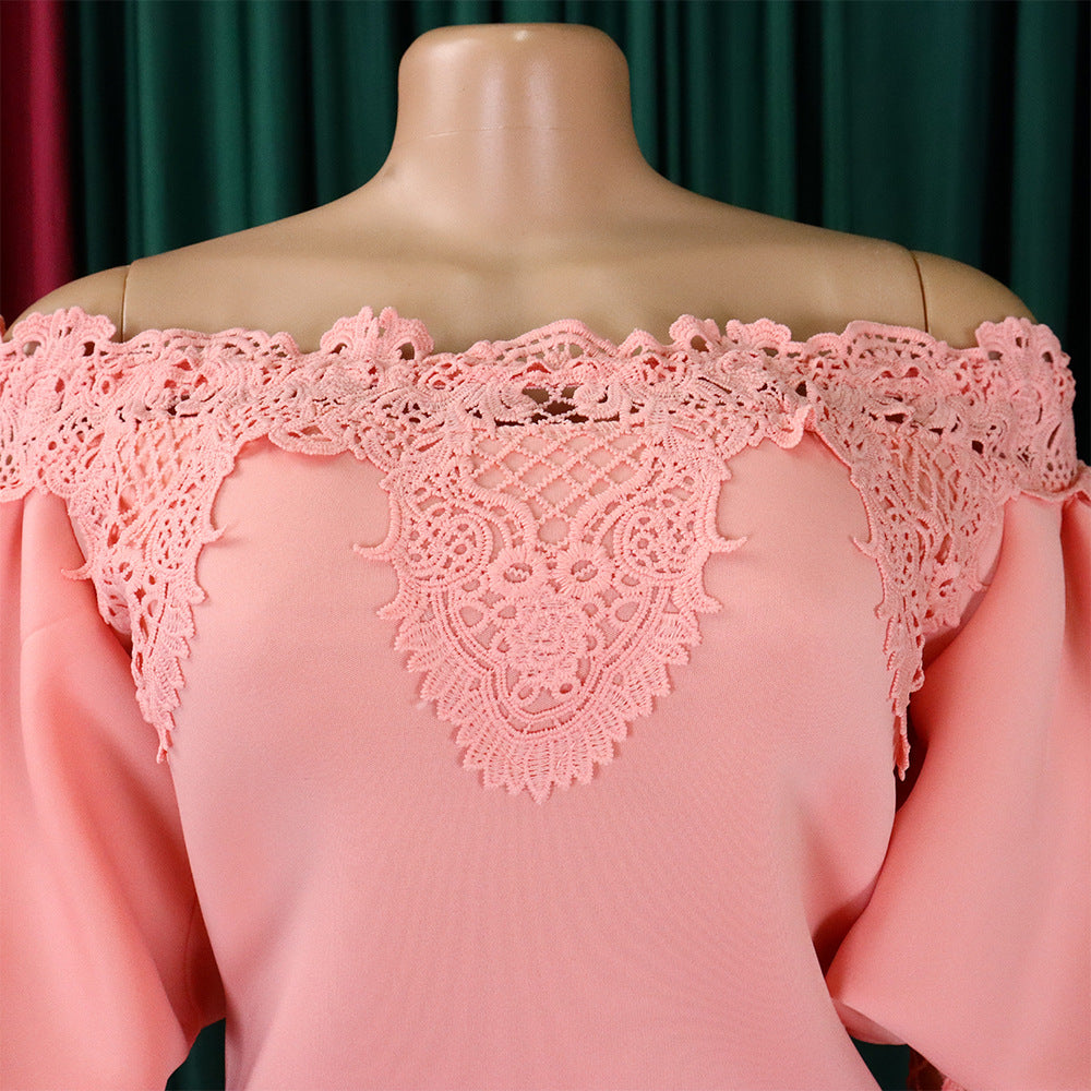 Women Off Shoulder Puff Sleeve Lace Patchwork Formal Party Mermaid Dress 26