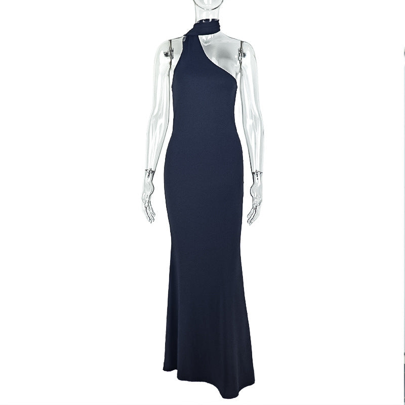 Women solid elegant pleated asymmetric stand collar sleeveless dress 13