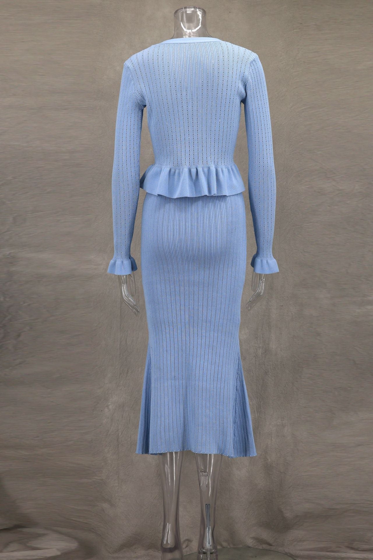 Autumn Winter Elegant Ruffled V-Neck Bodycon Fishtail Skirt Set 20