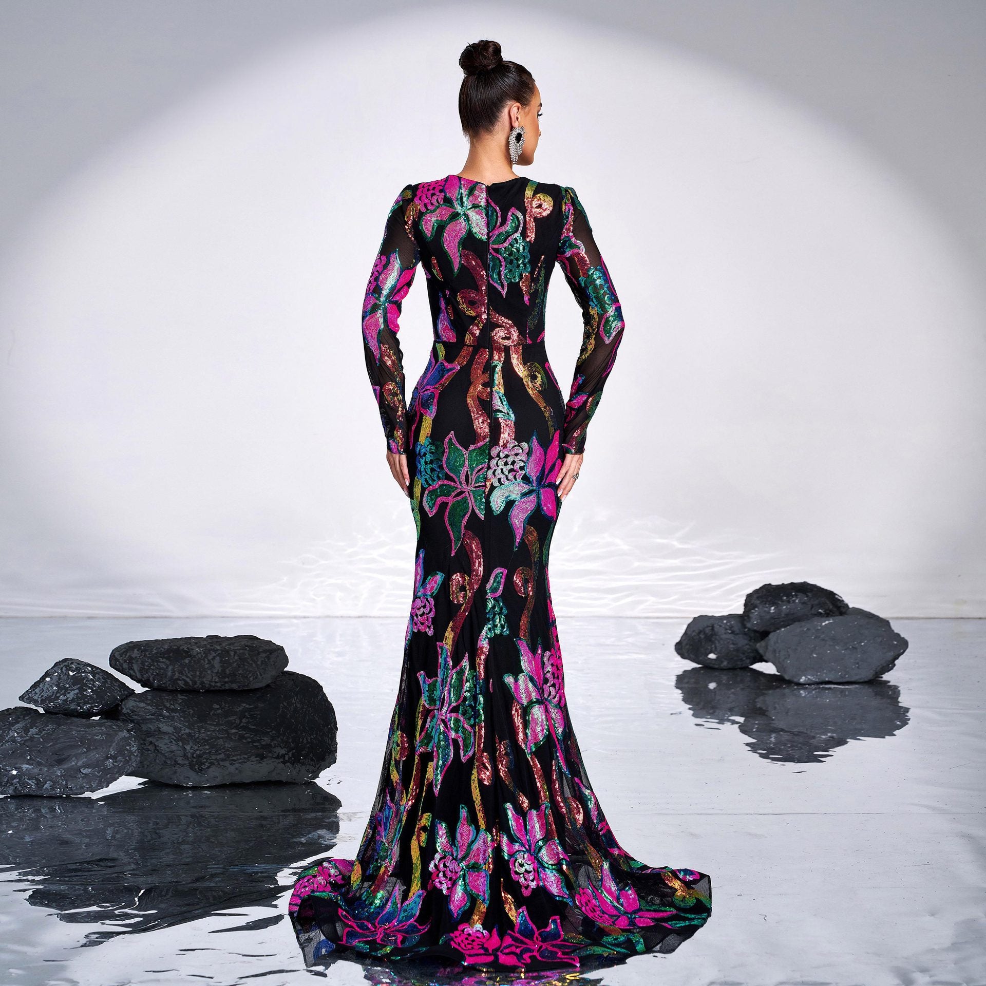 Women long-sleeved Round Neck sexy hollow sequin Formal Party Maxi fishtail evening dress 4