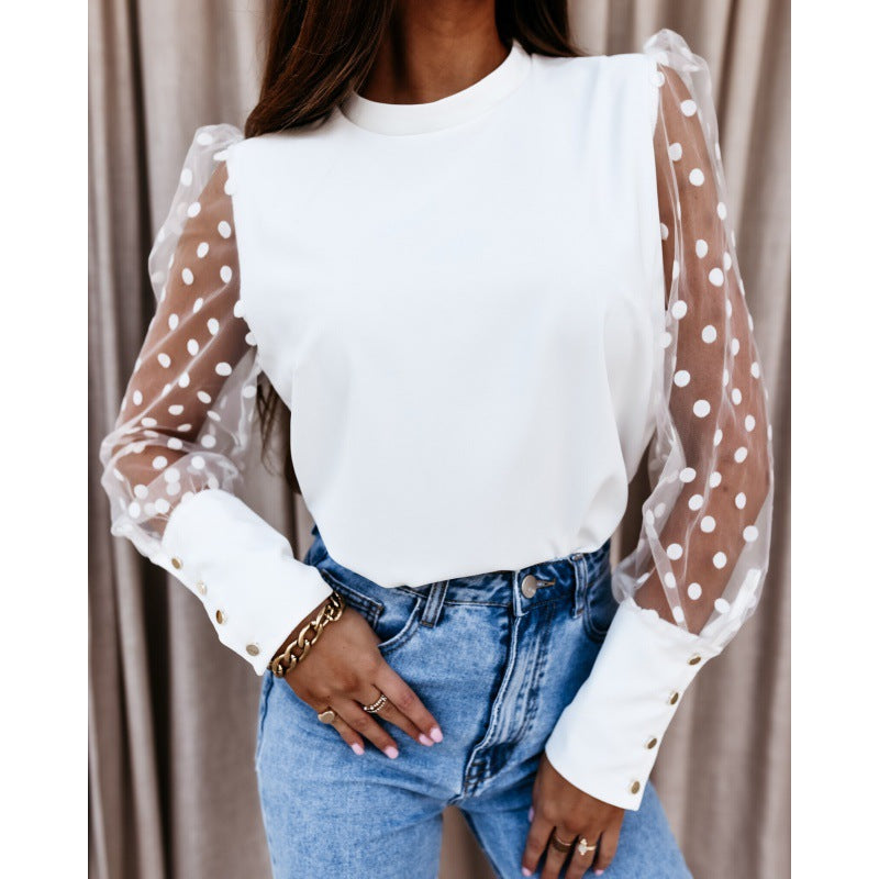 Spring Polka Dot Printed Mesh Long Sleeve Casual Round Neck Pullover Shirt 8