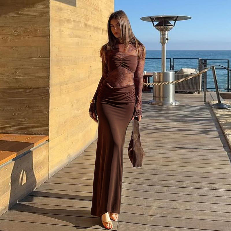 Autumn Women's Fashion Sexy Lace Patchwork Long Sleeve Dress