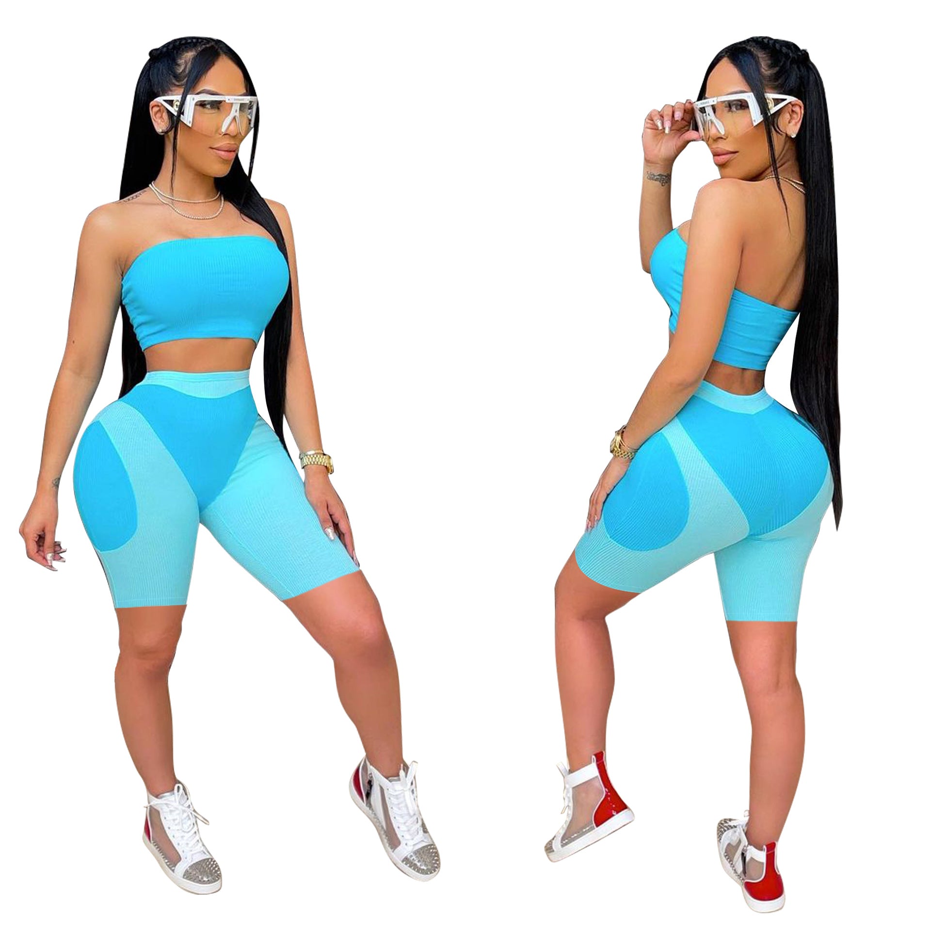 Women's summer fashionable color matching tight fitting strapless two-piece shorts set 7
