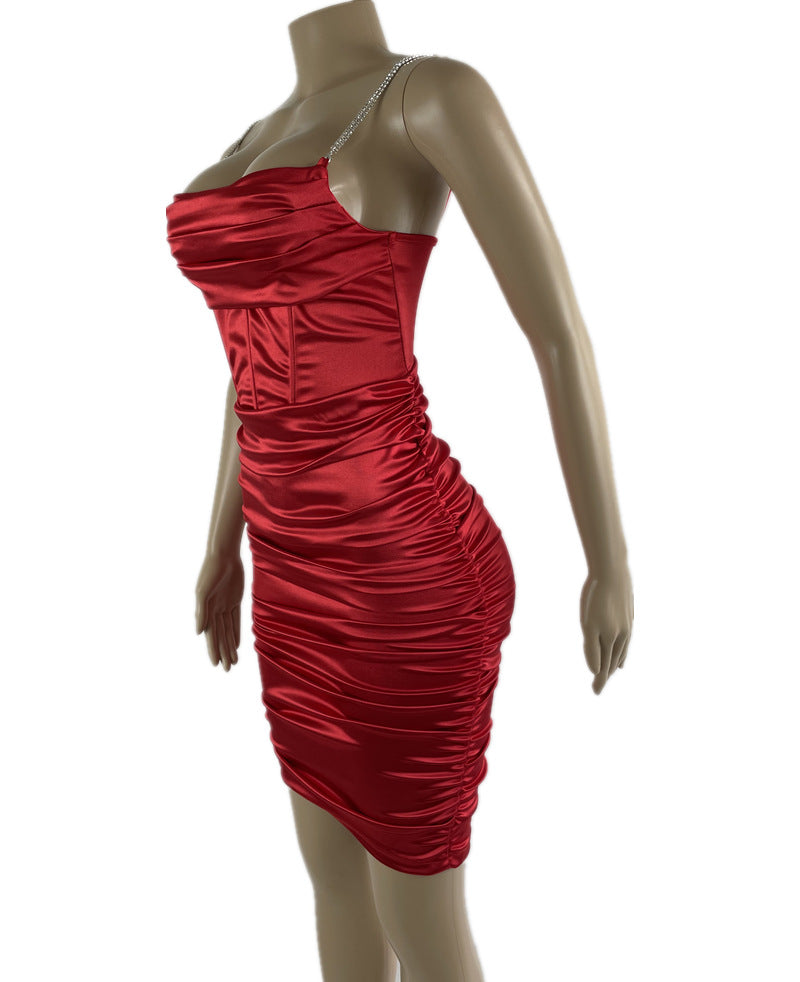 Sexy Women'S Diamond Chain Straps Solid Color Tight Fitting Midi Dres 18