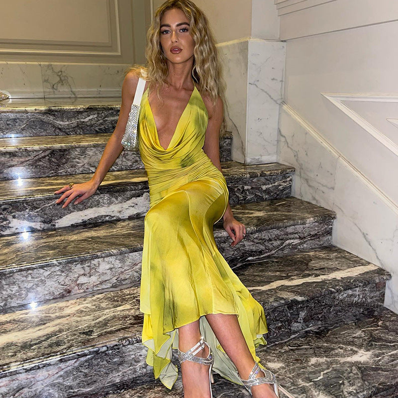 Women's Autumn Chic Style Halter Neck Deep V Print Long Dress