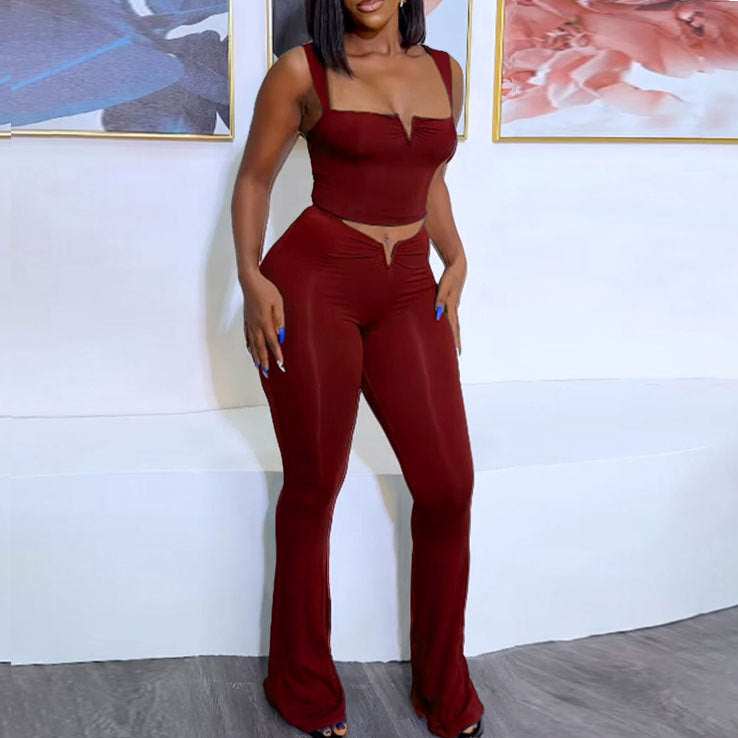 Sexy Solid Color Straps V Crop High Waist Elastic Solid Color Micro Two Piece Pants Set 6