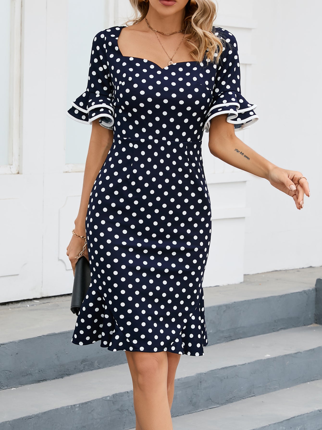 Fashion Elegant Career Ruffle Sleeve Polka Dot Fishtail Dress 6