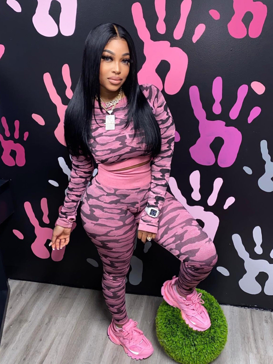 Women printed long-sleeved Top and Pant two-piece set 3