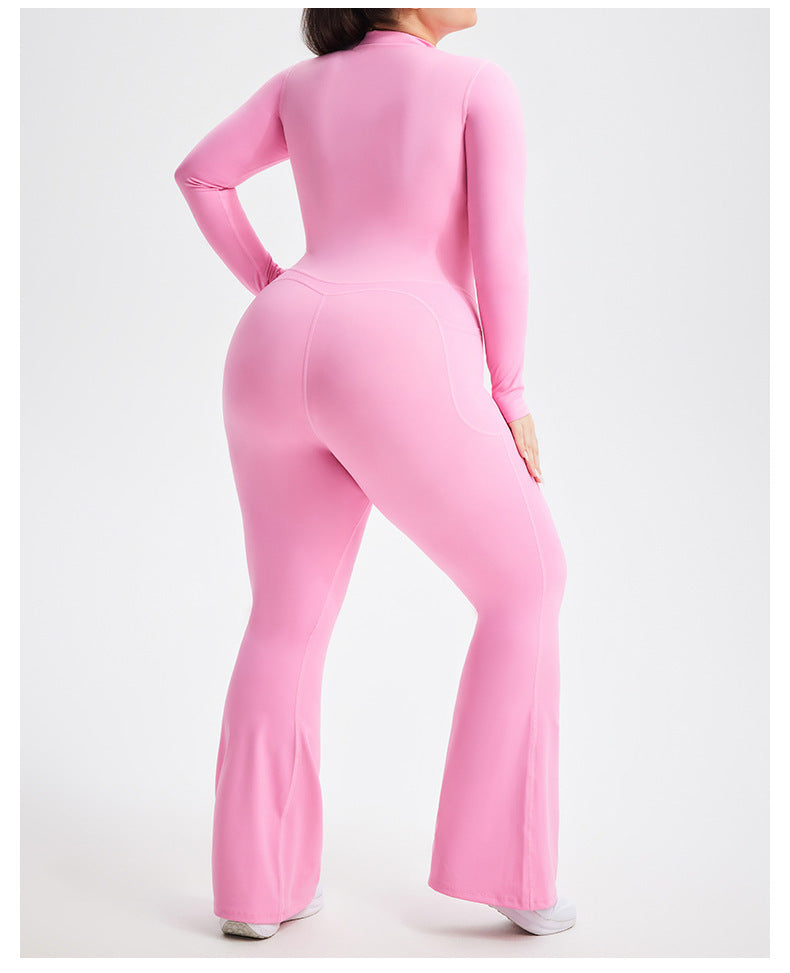 Plus Size Zipper Long Sleeve Fitness Sport Bell Bottom Jumpsuit Tight Fitting Yoga wear 9