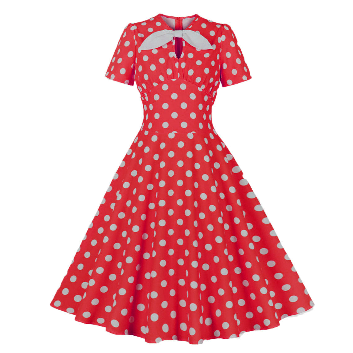 Women Round Neck Bow Tie Polka Dot Short Sleeve Dress 7