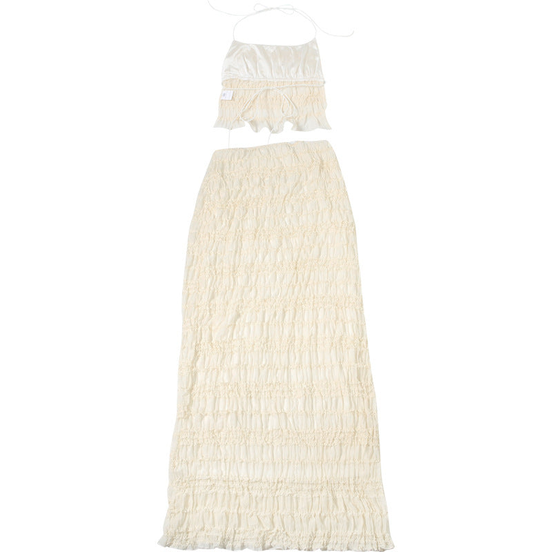 Spring Halter Neck Low Back Vest Pleated Chiffon Sexy Long Skirt Two Piece Set 14