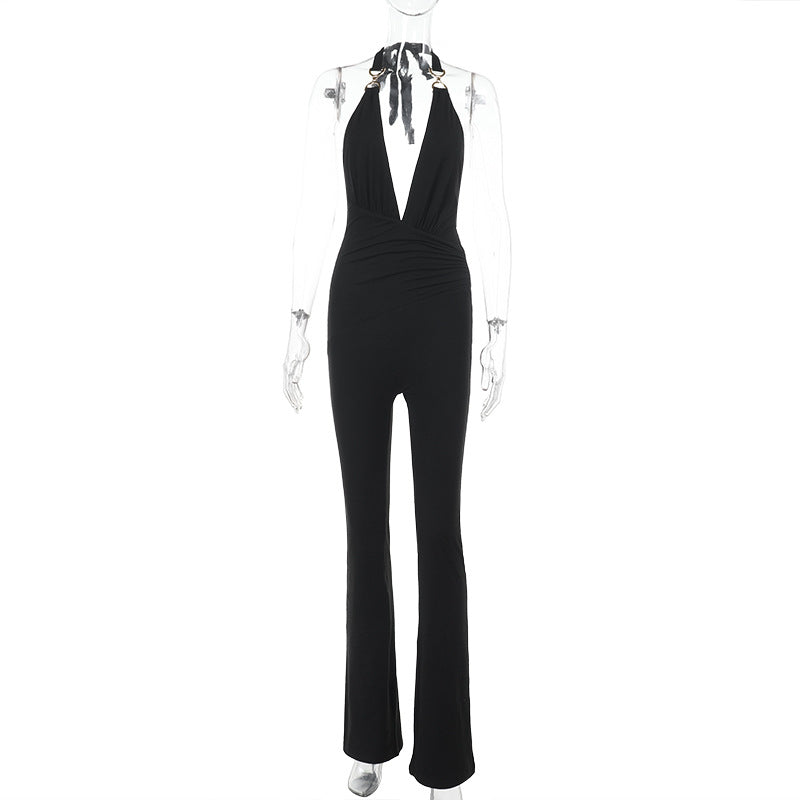 Deep V Solid Color Halter Neck Jumpsuit Autumn Slim-Fit Romper 7