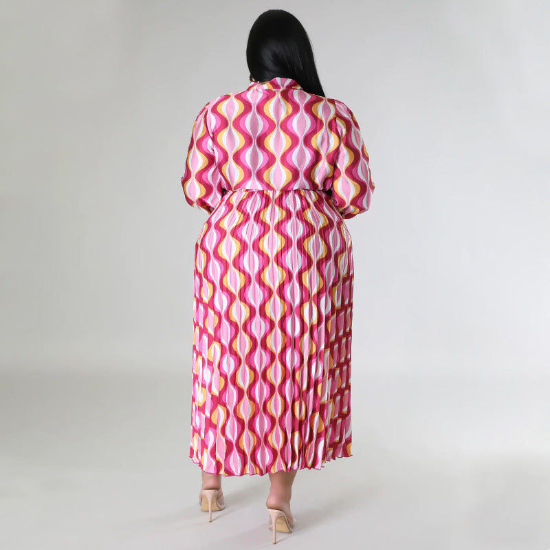 Plus Size Women Lace-Up Long Sleeve Printed Pleated Dress 37